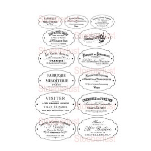 Può includere: Una collezione di etichette vintage con testo nero su sfondo bianco. Le etichette ovali hanno bordi decorativi e presentano testo francese relativo a varie attività commerciali, tra cui "Fabrique Miroiterie" e "Herboristerie".