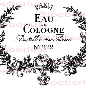 Puede incluir: Etiqueta vintage en blanco y negro con la inscripci&oacute;n "Eau de Cologne Distill&eacute;e sur Fleurs" y "Paris". El dise&ntilde;o est&aacute; enmarcado por una corona floral, rosas y el n&uacute;mero 222, evocando un estilo cl&aacute;sico.