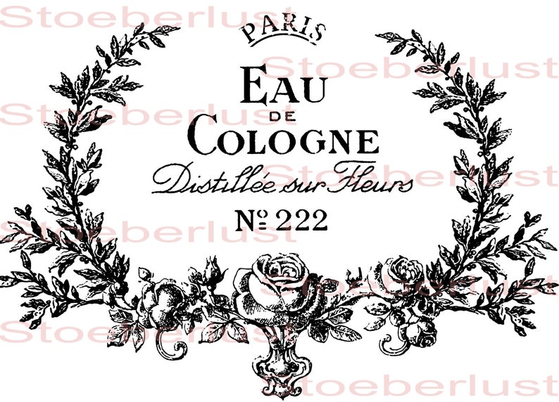 Puede incluir: Etiqueta vintage en blanco y negro con la inscripci&oacute;n "Eau de Cologne Distill&eacute;e sur Fleurs" y "Paris". El dise&ntilde;o est&aacute; enmarcado por una corona floral, rosas y el n&uacute;mero 222, evocando un estilo cl&aacute;sico.