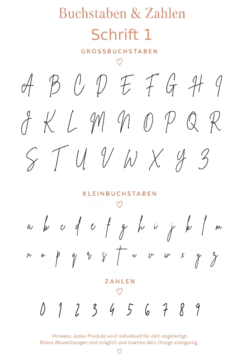 May include: A digital display of a handwritten font style featuring uppercase letters, lowercase letters, and numbers from 0 to 9. The text includes the headings Buchstaben & Zahlen, Schrift 1, GROSSBUCHSTABEN, KLEINBUCHSTABEN, ZAHLEN, and a note at the bottom.