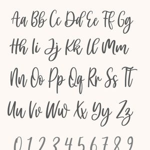 May include: A digital display of the alphabet in uppercase and lowercase letters, along with the numbers 0 through 9, presented in a dark gray cursive script font. The text 'Schrift 5' is displayed in a light brown color at the top.