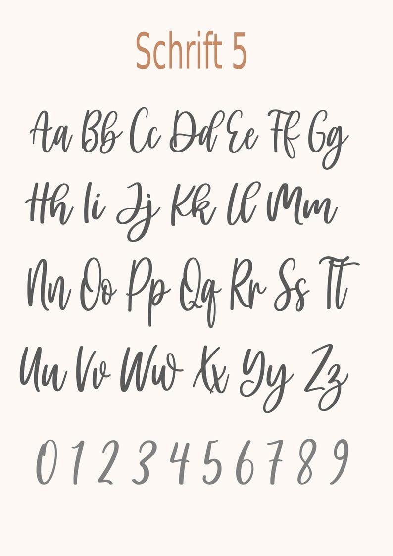 May include: A digital display of the alphabet in uppercase and lowercase letters, along with the numbers 0 through 9, presented in a dark gray cursive script font. The text 'Schrift 5' is displayed in a light brown color at the top.