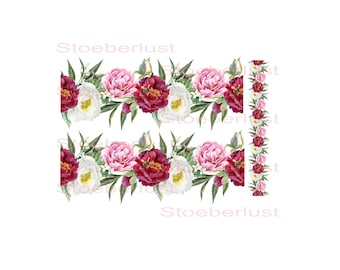 3 naadloze randen Border Peony Peonies op A 4 sticker waterdicht, stickerfolie voor hout, glas, keramiek, beton, kunststof, tegels,