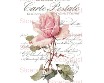 Rub-on or decal water slide decal waterproof shabby chic carte postale rose furniture tattoo, paper, various sizes.