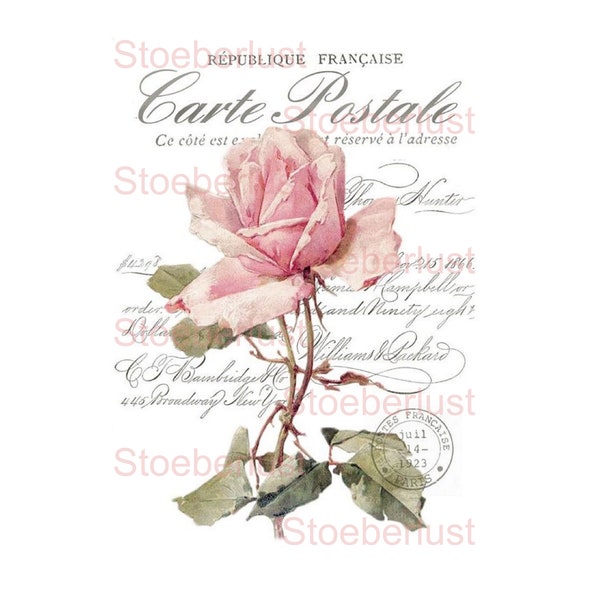 Rub-on or decal water slide decal waterproof shabby chic carte postale rose furniture tattoo, paper, various sizes.