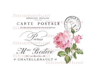 May include: A vintage postcard design with a pink rose and green leaves. The design includes French text such as "CARTE POSTALE" and "PARIS", along with a stamp featuring "TOUR EIFFEL". The postcard is set against a white background.