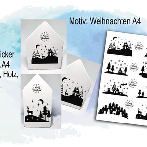 Rub Ons / Rub On, Weihnachtshaus, Reh, Sterne Santa A4 / A5 /A6 Transfer-Sticker für z.B. Glas, Gips, Raysin, Keraflott, Holz, Geschenk, DIY