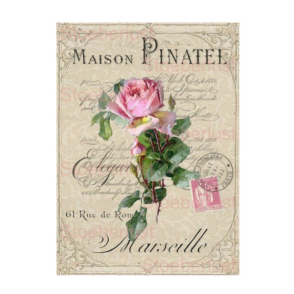 shabby chic vintage vintage Rose on french typographe furniture tattoo, vintage Art, Decal waterproof 14 x 19 cm