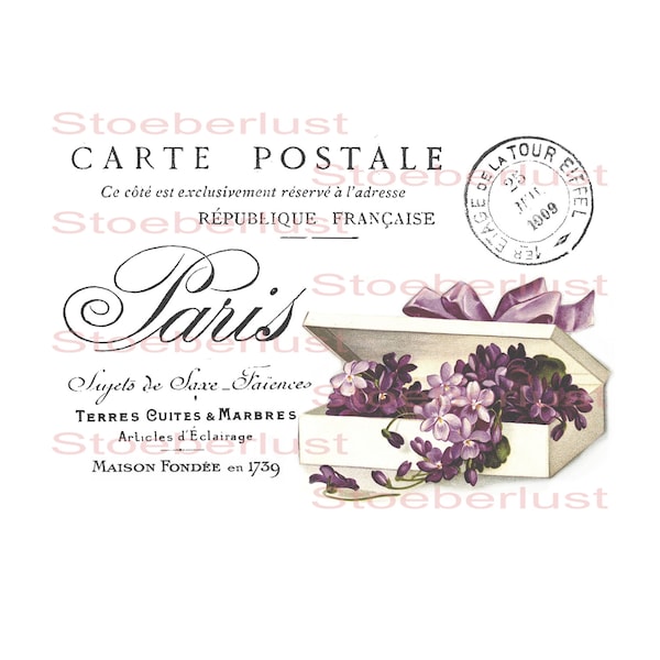 Carte Postale Paris Violets shabby chic Decalfolie, waterslide Laser waterproof Transfer Furniture, different sizes