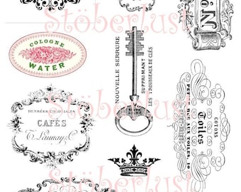 10 elegantes etiquetas vintage francesas para perfumes, disponibles en formato A4, para frotar o calcomanías, pero también en papel de arroz o película adhesiva.