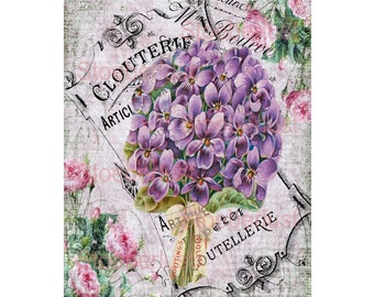 Collage with violets shabby and vintage Decalfolie, waterslide Laser frame waterproof Transfer Furniture, different sizes
