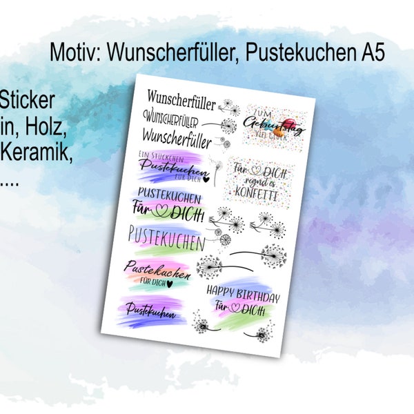 Pustekuchen Wunscherfüller u. a. A5 Rub on oder DecalTransfer-Sticker für z.B. Glas, Gips, Emaille, Porzellan,Raysin, Keraflott, Holz,DIY,