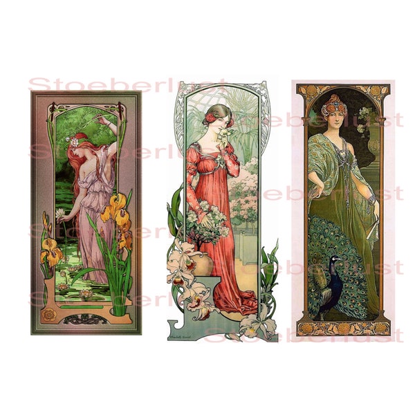 3 Ladies Art Nouveau Jugendstil auf A 4 , vintage Decalfolie, Wasserschiebefolie Laser Transferfolie, Möbel, Papier