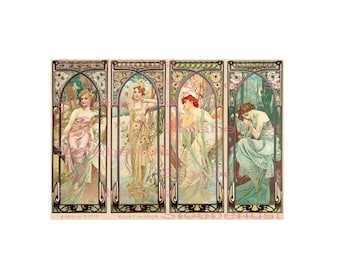 Jugendstil vier Tageszeiten als Ladies auf A 4 , vintage Decalfolie, Wasserschiebefolie Laser Transferfolie, Möbel, Papier