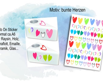 Rub-Ons / Rub-On bunte Herzen A6, Pusteblumen u.a. jeweils A6, Transfer-Sticker für z.B. Glas, Gips, Raysin, Keraflott, Holz, Geschenk