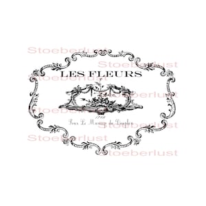 Könnte beinhalten: Schwarz-weißes Vintage-Blumendesign mit dem Text "LES FLEURS" in einem dekorativen Rahmen. Das Design enthält florale Elemente und den Text "Pour Le Mariage du Dauphin 1748".