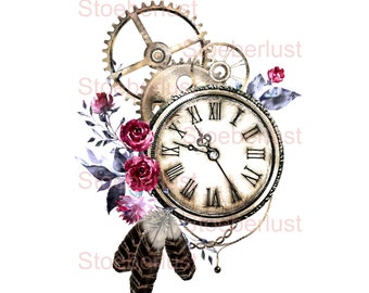 Steampunk watch, feather Gears and roses Decalfolie, waterslide Laser waterproof Transfer Furniture, different sizes / materials