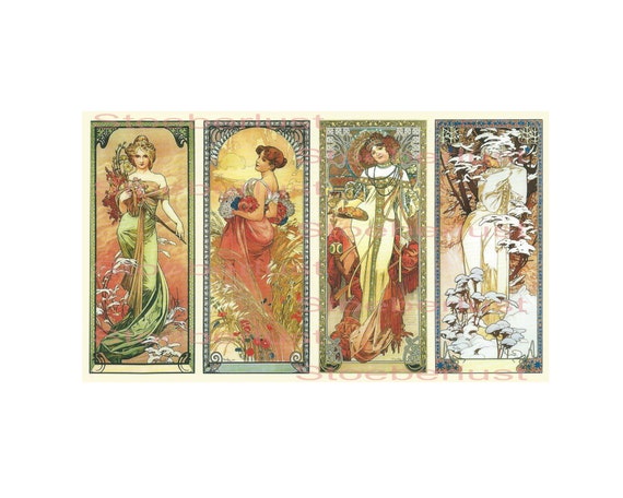 Jugendstil vier Jahreszeiten als Ladies (2) auf A 4  Rub-On, Decalfolie, Reispapier Klebefolie, Bügelfolie – A4 DIY Möbeltattoo DIY Projekte