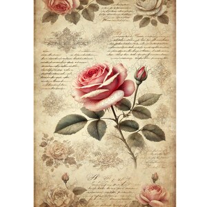 Rose vintage su sfondo invecchiato – Motivo transfer con scritte 1 x A4 o 2 x A5 | Decoupage, sfregamento, carta di riso adesiva