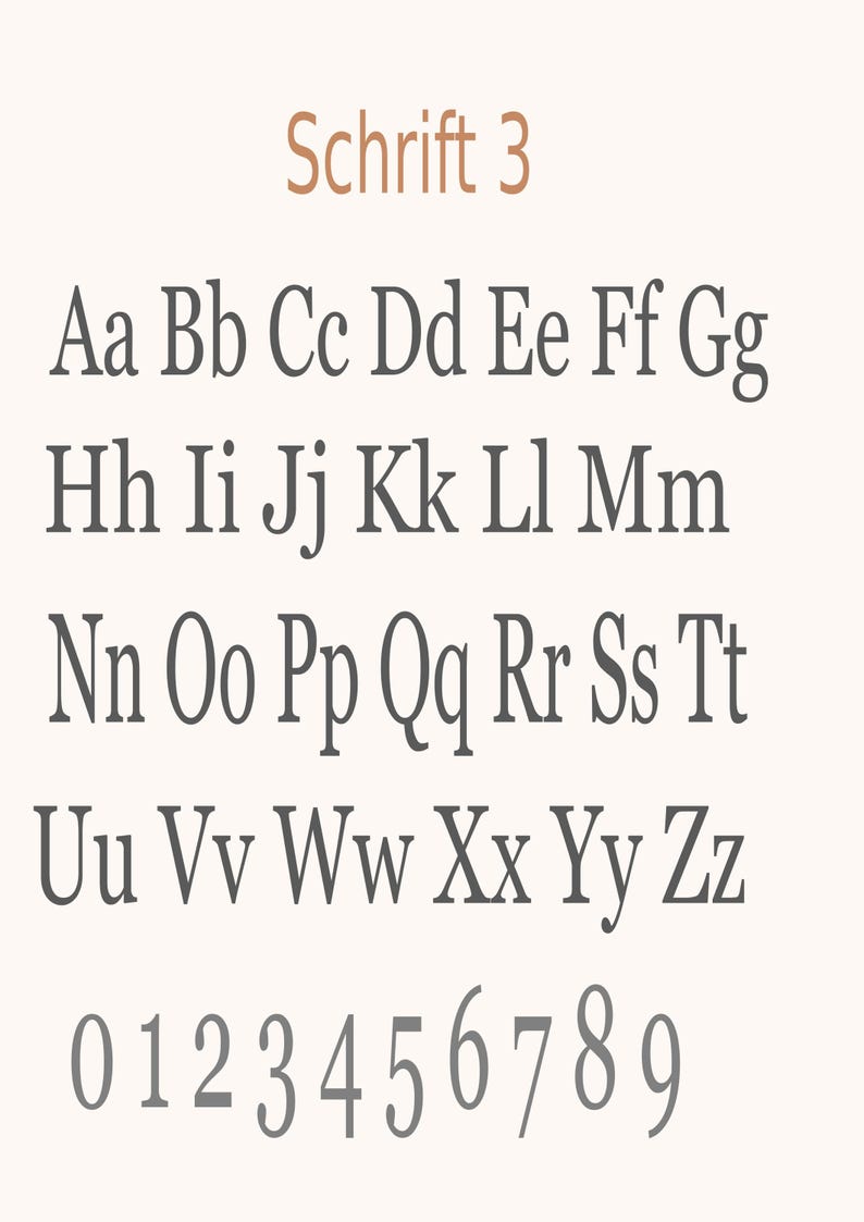 May include: A digital display of the alphabet in uppercase and lowercase letters, along with the numbers 0 through 9, presented in a dark gray serif font. The text 'Schrift 3' appears in a light brown color at the top of the character set.