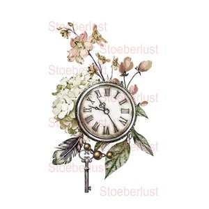 Könnte beinhalten: Eine Vintage-Illustration einer Uhr mit römischen Ziffern, umgeben von rosa, grünen und weißen Blumen. Ein dekorativer Schlüssel und Blätter sind ebenfalls vorhanden. Das Bild hat einen Aquarell-Effekt.