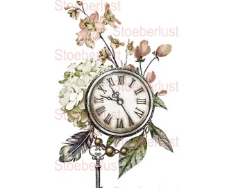 Rub On Sticker/Decal vintage horloge roses hortensias plume clé décalque imperméable film de transfert minable, tatouage de meubles, papier, bricolage