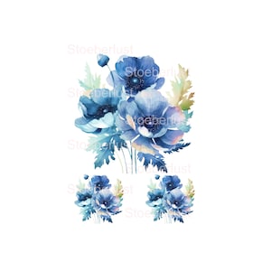 3× Blaue Anemonen A4 Reispapier Decoupage & Wasserschiebefolie | Transferfolie, Rub On Sticker, Bügelfolie Reispapier DIY
