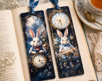 Rice paper collage bookmars, 1. white rabbit and 2. alice from alice in wonderland, 2 Motifs A4 or 4 motifs A4 different materials