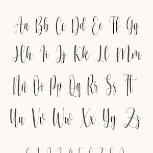 May include: A digital display of Schrift 6 featuring the full alphabet in uppercase and lowercase letters in a dark gray cursive script font, followed by the numbers zero through nine in a simple, thin, light gray sans-serif typeface.