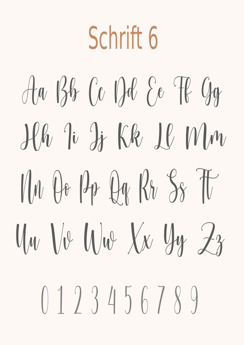 May include: A digital display of Schrift 6 featuring the full alphabet in uppercase and lowercase letters in a dark gray cursive script font, followed by the numbers zero through nine in a simple, thin, light gray sans-serif typeface.