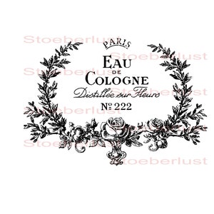 vintage französisches Parfumetikett „Eau de Cologne“ mit floraler Ornamentik, klassischem Schriftzug und nostalgischem Design