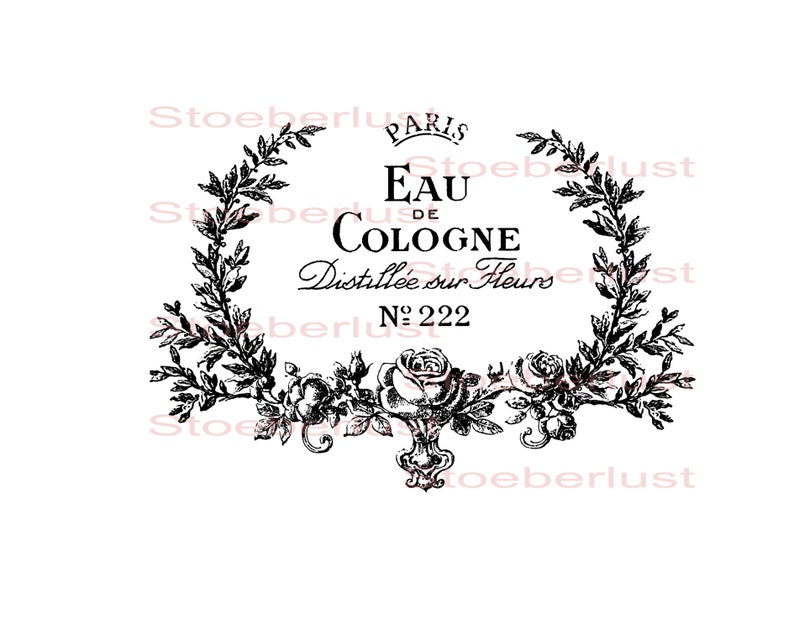 vintage französisches Parfumetikett „Eau de Cologne“ mit floraler Ornamentik, klassischem Schriftzug und nostalgischem Design