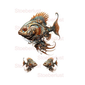 Könnte beinhalten: Eine künstlerische Illustration eines Steampunk-Fisches mit komplizierten mechanischen Details. Der Fisch weist eine Kombination aus Kupfer-, Türkis- und Goldfarben mit einem detaillierten Design auf. Zwei kleinere Fische sind ebenfalls vorhanden.