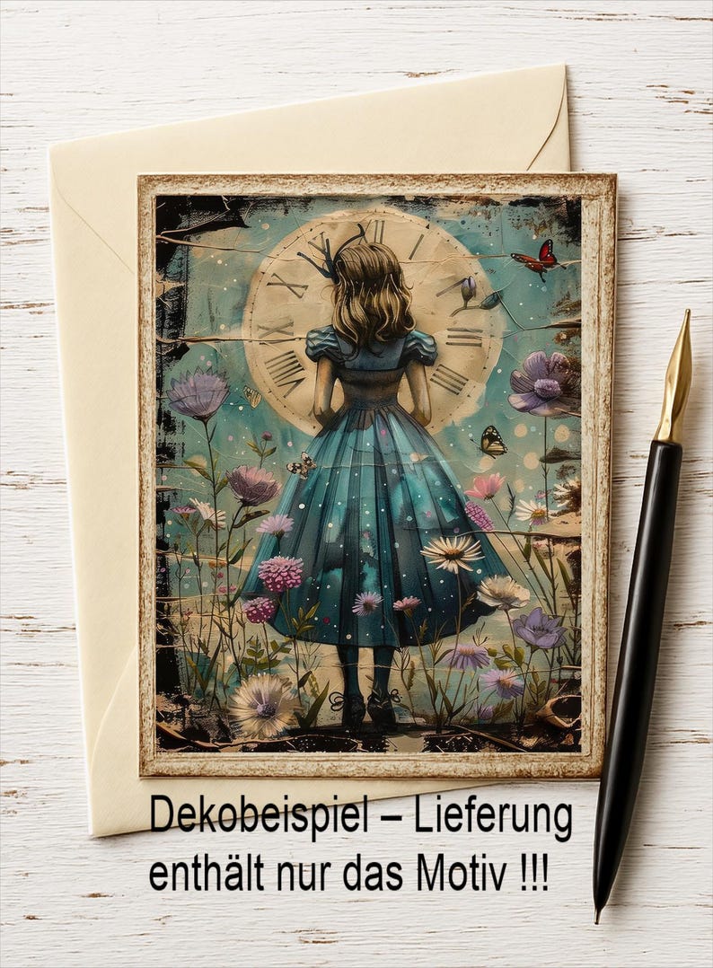 Op de afbeelding: Ge&iuml;llustreerde kaart met een meisje in een blauwe jurk voor een klok, omringd door bloemen en vlinders. De kaart zit in een houten lijst, met een cr&egrave;mekleurige envelop en een zwarte pen met een gouden penpunt.