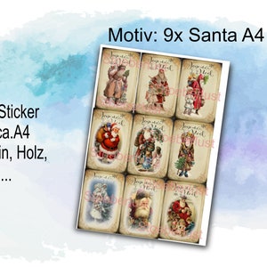 Rub On Sticker 9 x Santa auf A4 oder  Weihnachtshaus, Reh, Sterne A4 für z.B. Glas, Gips, Raysin, Keraflott, Holz, Scapbooking Geschenk, DIY
