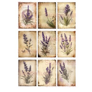 9 x lila Blumen auf A4 on Sticker oder Wasserschiebefolie Abziehbild wasserfest vintage Motiv, Möbeltattoo, verschiedene Größen