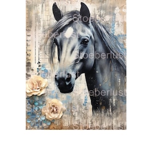Cabeza de caballo sobre papel azul grisáceo grunge, adhesivo para frotar o película adhesiva al agua para tus ideas de manualidades, muebles y fabricación de tarjetas.