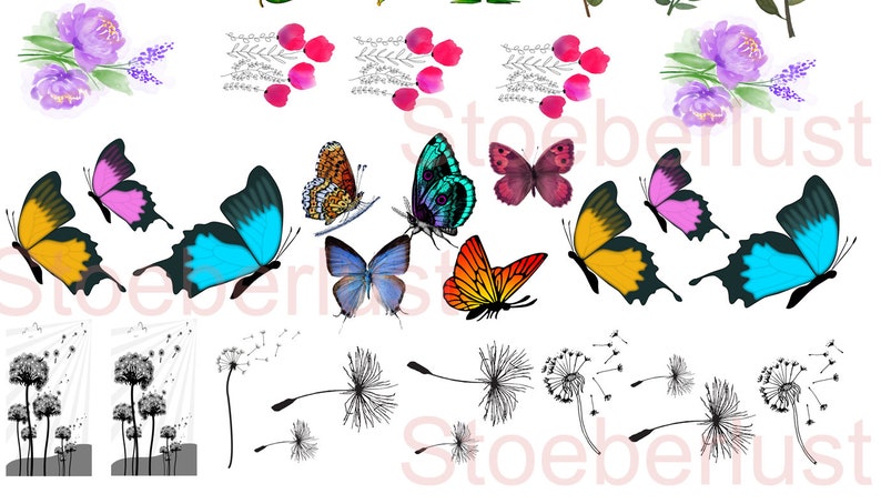 May include: A collection of watercolor illustrations featuring butterflies, flowers, and dandelions. The butterflies have various colors, including yellow, blue, orange, and purple. The flowers are purple and pink, and the dandelions are black and white.
