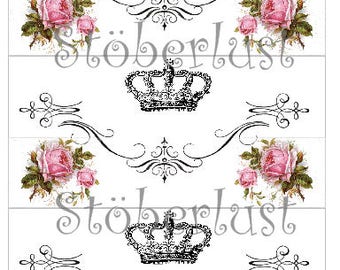 Decalfolie, waterslide Laser " 4 ornaments , crown, roses"  Transfer Furniture, different sizes