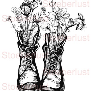 Dessin bottes avec fleurs noir et blanc film décalque film de glissement d'eau imperméable, film de transfert, film adhésif, découpage A4 - A6