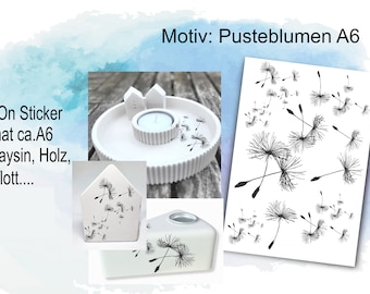 Rub-Ons / Rub-On Pusteblumen A6, Wunscherfüller, Transfer-Sticker für z.B. Glas, Gips, Raysin, Keraflott, Holz, Geschenk, mehr im Shop DIY,