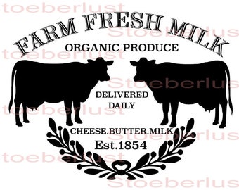 Rub on Sticker or waterslide Cows with the inscription Farm Fresh Milk waterproof  transfer film, furniture, paper, different sizes