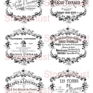May include: A collection of six vintage-style black and white labels with ornate frames and floral accents. Each label features French text, advertising various businesses like cafes, patisseries, and chocolatiers. The labels are perfect for crafting or scrapbooking.