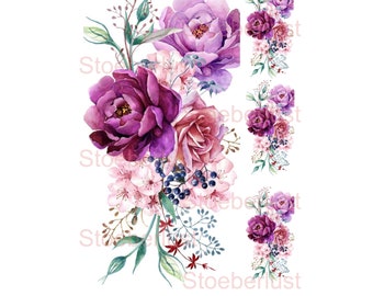 Wrijf- of waterglijfolie 4 x lila rozen op A4e laser A4 transferfolie, meubelen, papier, meubeltattoo shabby chic
