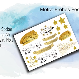 Rub-Ons / Rub-On  Weihnachten, gelb-goldene Schrift, A5 Transfer-Sticker für z.B. Glas, Gips, Raysin, Keraflott, Holz, Geschenk, DIY