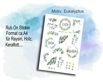 Rub Ons / Rub On, Eucalyptus Wreaths and Leaves on A4 Transfer Stickers for e.g. Glass, Plaster, Raysin, Keraflott, Wood, Gift, DIY