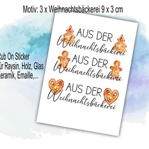 Wrijf op Sticker 3 x Kerstbakkerij of 4 x voor uw Kerstwensen - voor Raysin, hout, emaille of kaarsfolie voor DIY