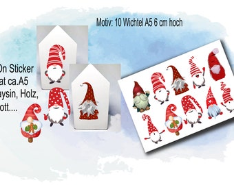 Rub-Ons / Rub-On 10 Cute Gnomes / Nisse / Gnomes on A5 Transfer Stickers for Glass Plâtre Raysin Keraflott Wood Gift Candle Foil