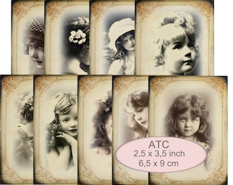 9 ATC Cards girls in shabby frames in sepia instant download digital collage sheet