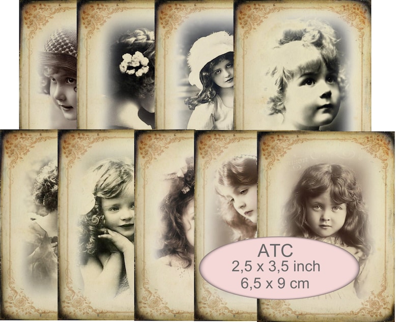 9  ATC Cards girls in shabby frames in sepia instant download digital collage sheet
